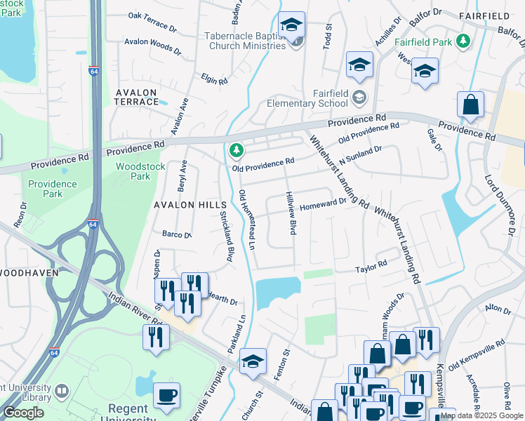 map of restaurants, bars, coffee shops, grocery stores, and more near 1004 Old Homestead Lane in Virginia Beach