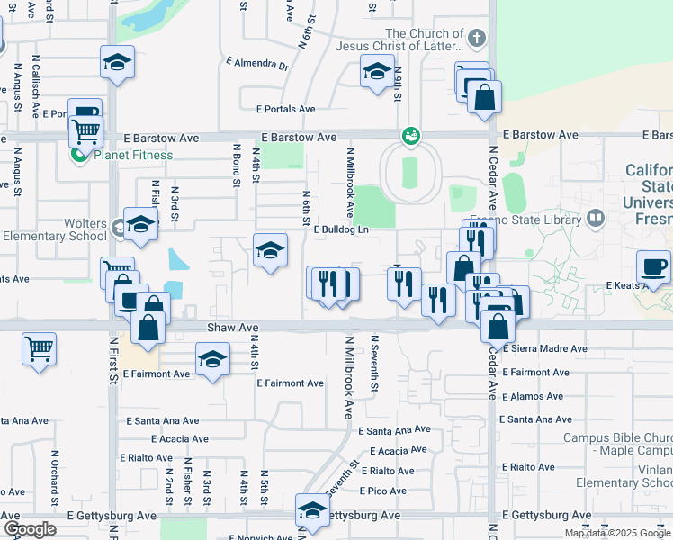 map of restaurants, bars, coffee shops, grocery stores, and more near 5100 North 6th Street in Fresno