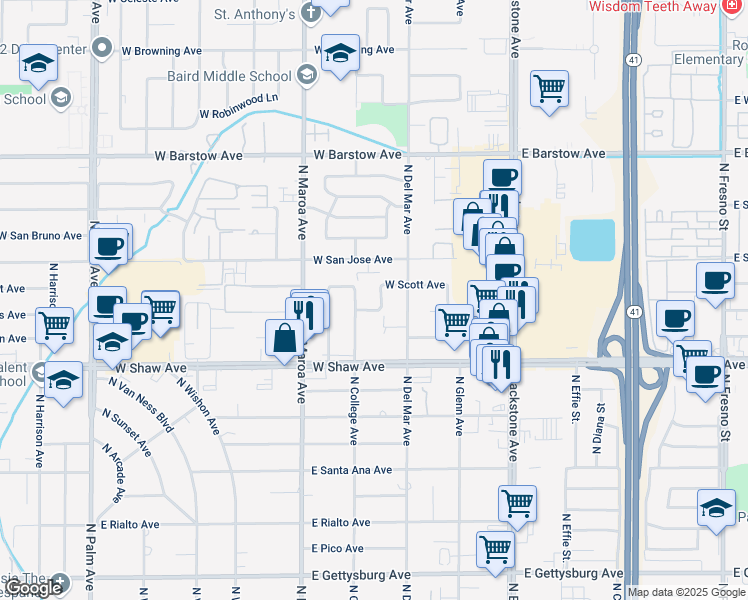 map of restaurants, bars, coffee shops, grocery stores, and more near 5085 North Del Mar Avenue in Fresno