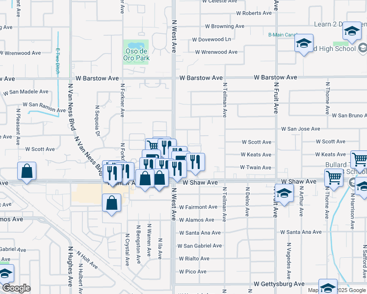 map of restaurants, bars, coffee shops, grocery stores, and more near 5104 North West Avenue in Fresno