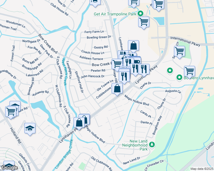 map of restaurants, bars, coffee shops, grocery stores, and more near 3033 Cobblestone Drive in Virginia Beach