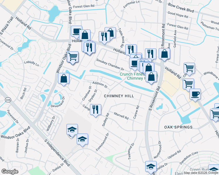 map of restaurants, bars, coffee shops, grocery stores, and more near 720 Harbor Springs Trail in Virginia Beach