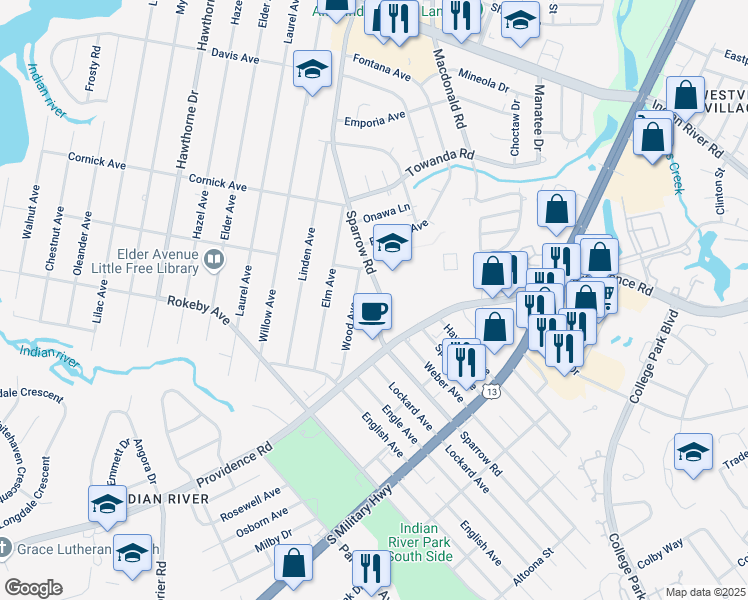 map of restaurants, bars, coffee shops, grocery stores, and more near 1612 Sparrow Road in Chesapeake