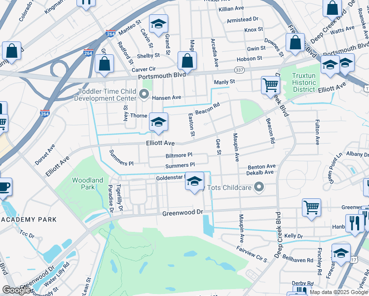 map of restaurants, bars, coffee shops, grocery stores, and more near 406 Biltmore Place in Portsmouth
