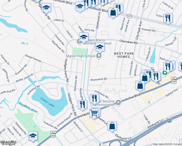 map of restaurants, bars, coffee shops, grocery stores, and more near 504 Brunswick Road in Portsmouth