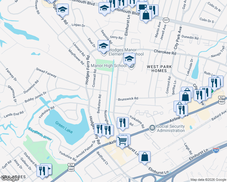 map of restaurants, bars, coffee shops, grocery stores, and more near 1618 Elmhurst Lane in Portsmouth