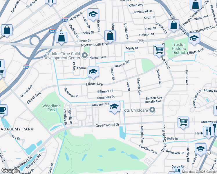 map of restaurants, bars, coffee shops, grocery stores, and more near 406 Biltmore Place in Portsmouth