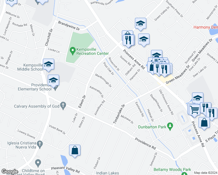 map of restaurants, bars, coffee shops, grocery stores, and more near 4705 Marlborough Drive in Virginia Beach
