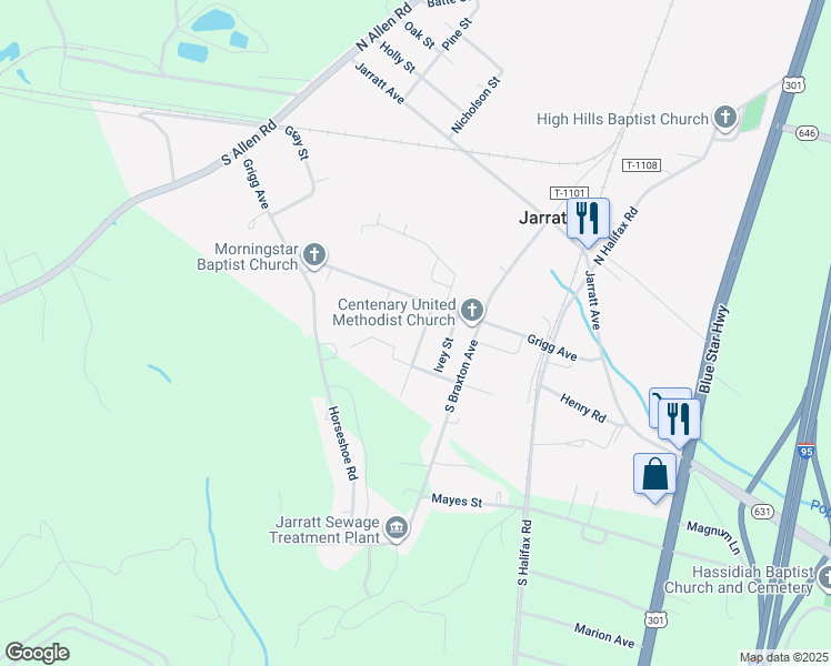 map of restaurants, bars, coffee shops, grocery stores, and more near 310 Susan Street in Jarratt