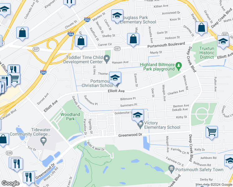 map of restaurants, bars, coffee shops, grocery stores, and more near 3213 Elliott Avenue in Portsmouth