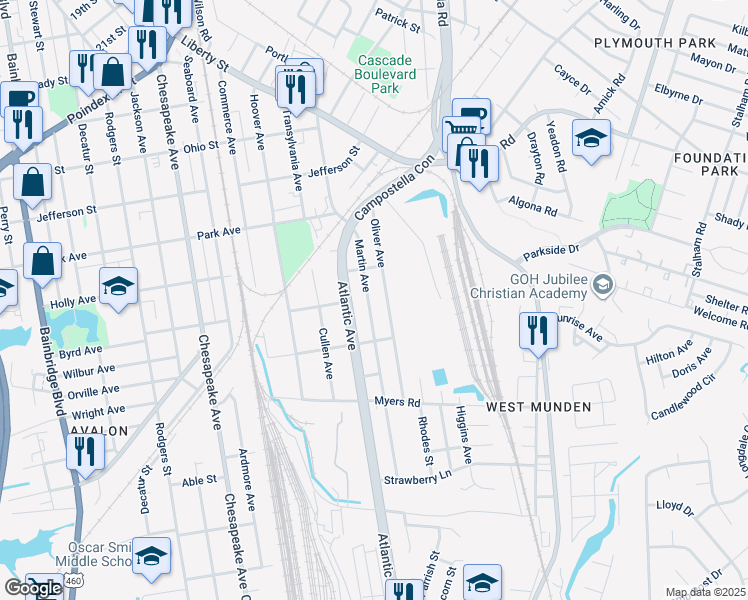 map of restaurants, bars, coffee shops, grocery stores, and more near 1516 Martin Avenue in Chesapeake