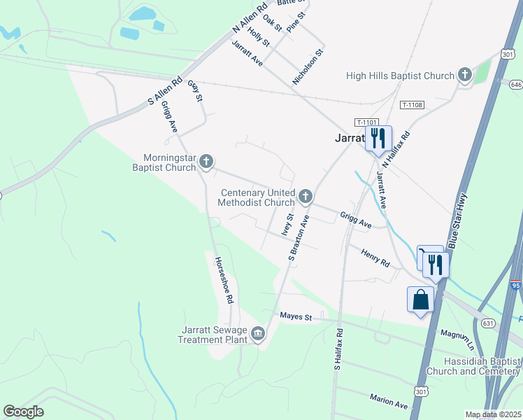 map of restaurants, bars, coffee shops, grocery stores, and more near 310 Susan Street in Jarratt