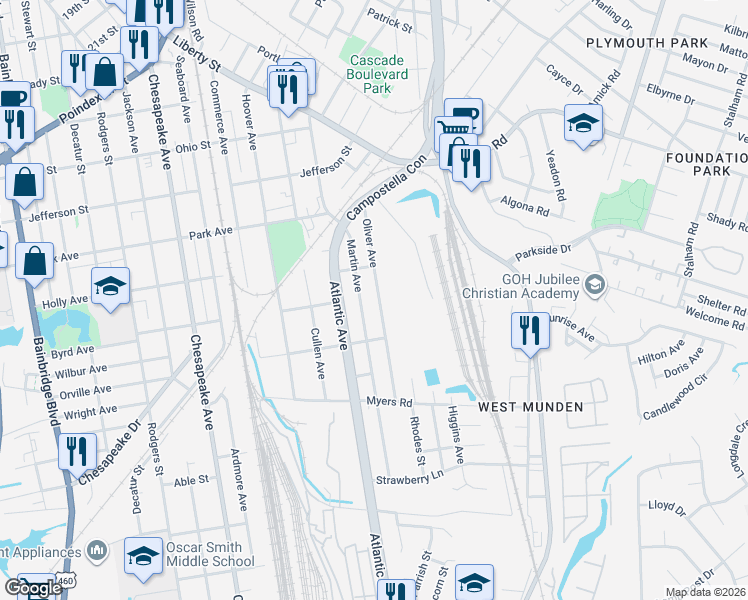 map of restaurants, bars, coffee shops, grocery stores, and more near 1449 Oliver Avenue in Chesapeake