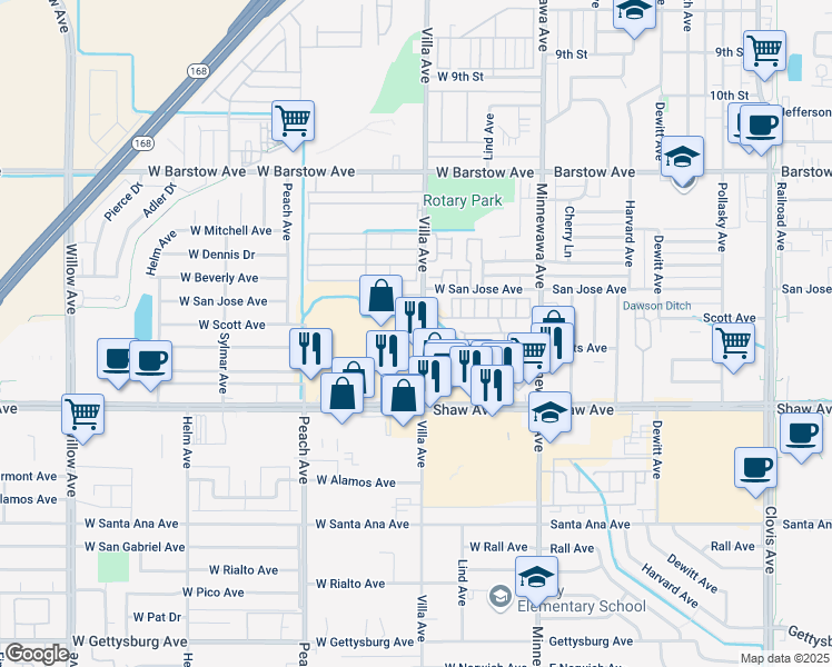 map of restaurants, bars, coffee shops, grocery stores, and more near 1750 Villa Avenue in Clovis