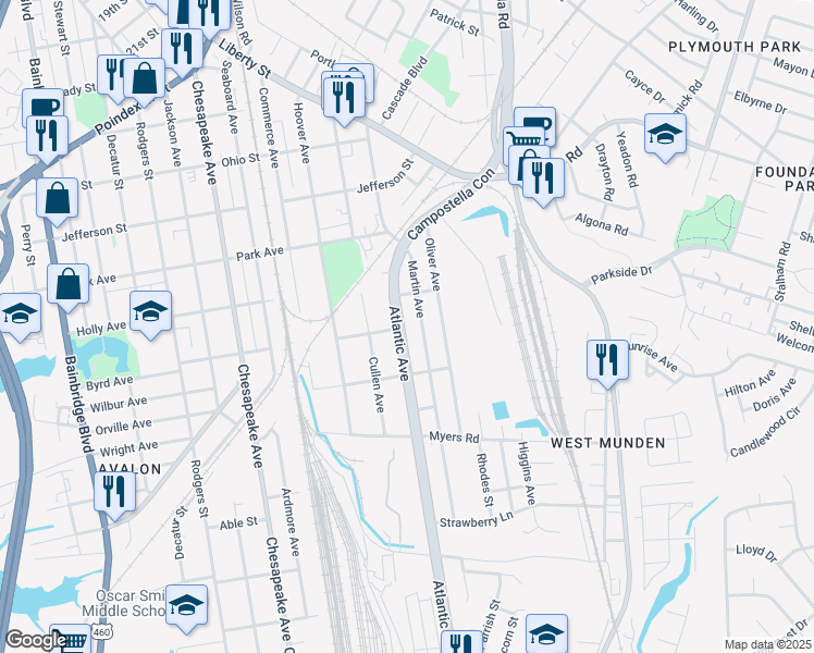map of restaurants, bars, coffee shops, grocery stores, and more near 1444 Atlantic Avenue in Chesapeake
