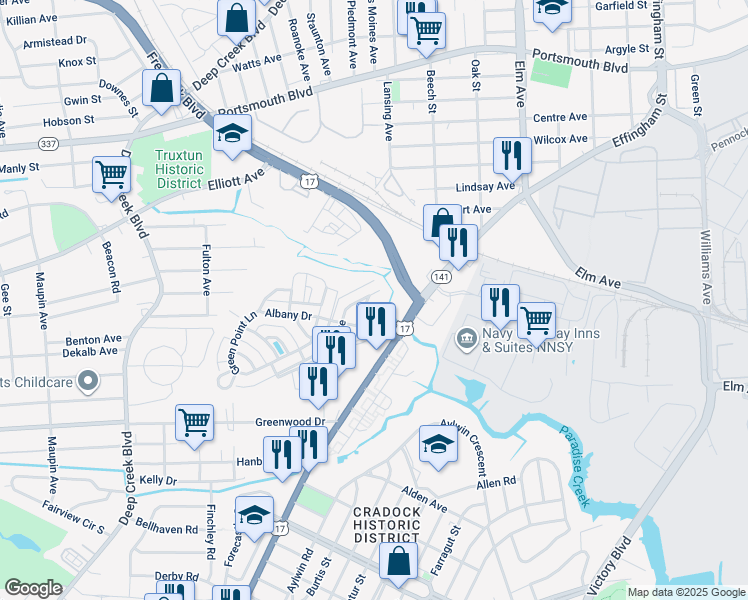 map of restaurants, bars, coffee shops, grocery stores, and more near 25 Ansell Avenue in Portsmouth