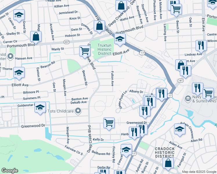 map of restaurants, bars, coffee shops, grocery stores, and more near 110 Maxwell Avenue in Portsmouth