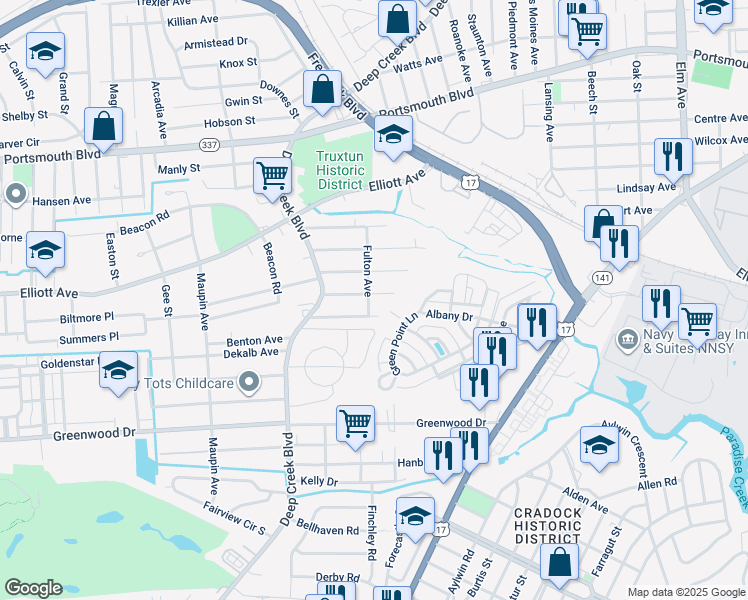 map of restaurants, bars, coffee shops, grocery stores, and more near 112 Franklin Avenue in Portsmouth