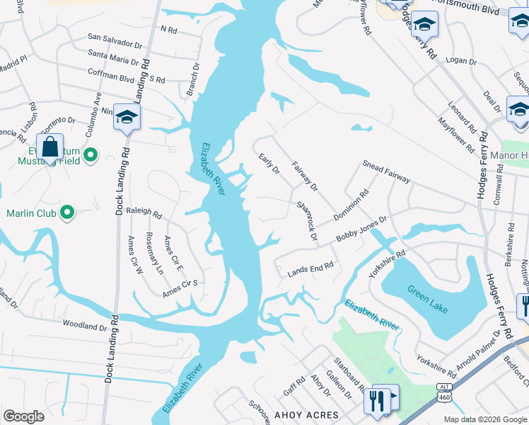 map of restaurants, bars, coffee shops, grocery stores, and more near 3 Shamrock Drive in Portsmouth