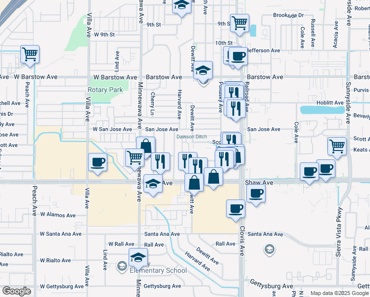 map of restaurants, bars, coffee shops, grocery stores, and more near 405 Scott Avenue in Clovis