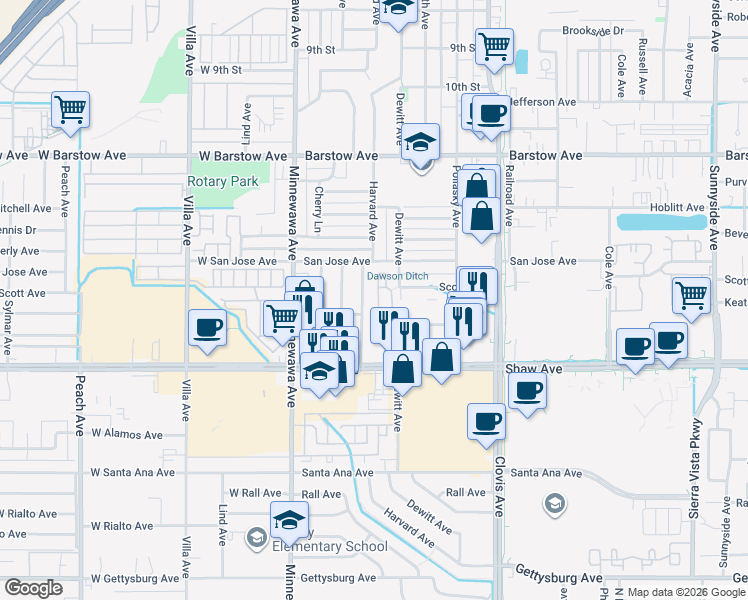 map of restaurants, bars, coffee shops, grocery stores, and more near 1631 Harvard Avenue in Clovis