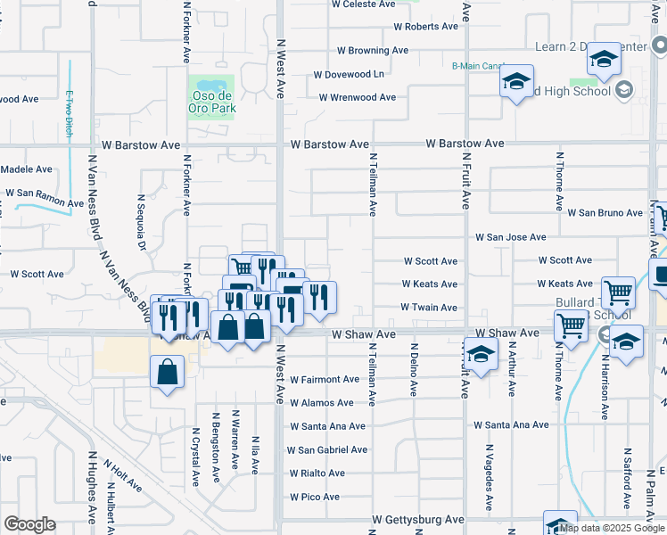 map of restaurants, bars, coffee shops, grocery stores, and more near 1724 West Shaw Avenue in Fresno
