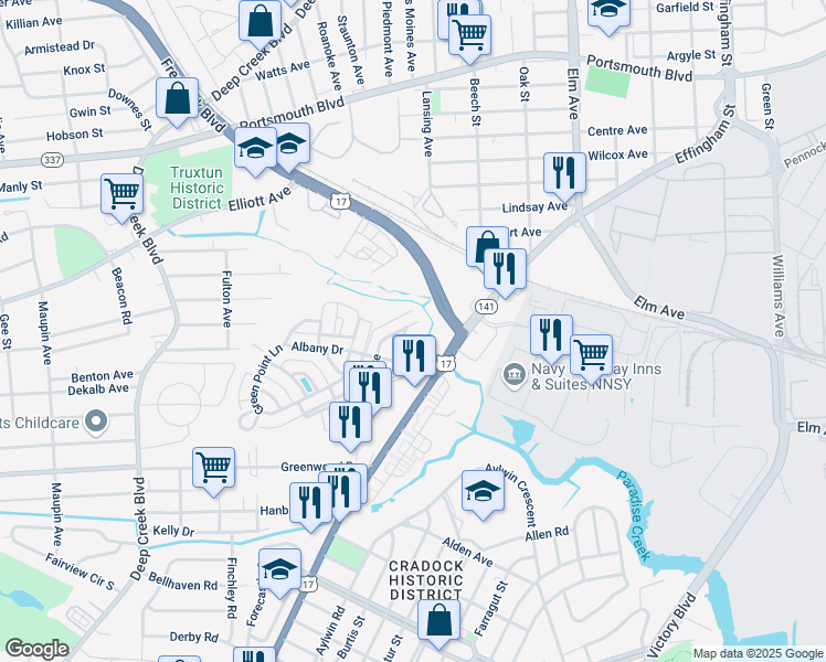 map of restaurants, bars, coffee shops, grocery stores, and more near 25 Ansell Avenue in Portsmouth