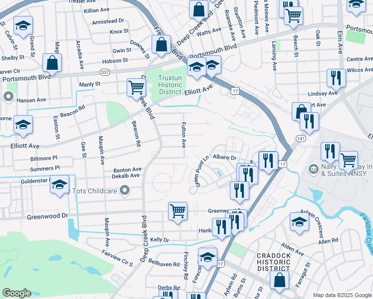 map of restaurants, bars, coffee shops, grocery stores, and more near 112 Franklin Avenue in Portsmouth