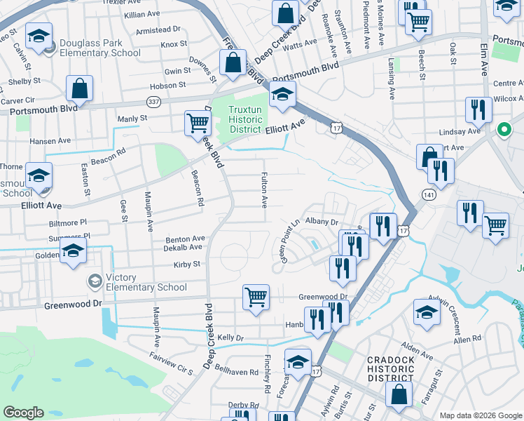 map of restaurants, bars, coffee shops, grocery stores, and more near 112 Franklin Avenue in Portsmouth
