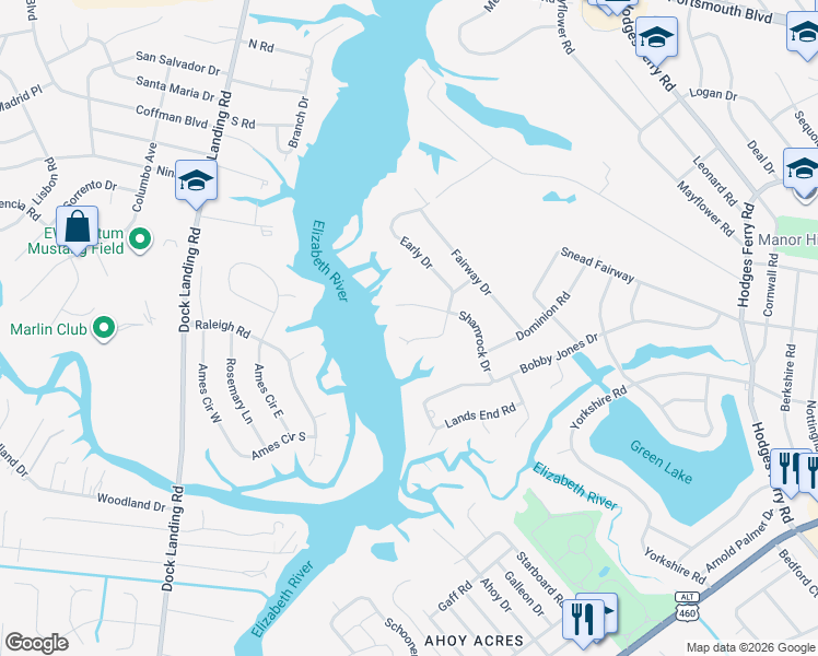 map of restaurants, bars, coffee shops, grocery stores, and more near 3 Shamrock Drive in Portsmouth