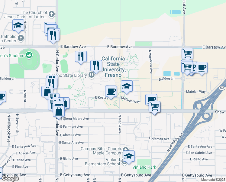 map of restaurants, bars, coffee shops, grocery stores, and more near 5241 North Maple Avenue in Fresno