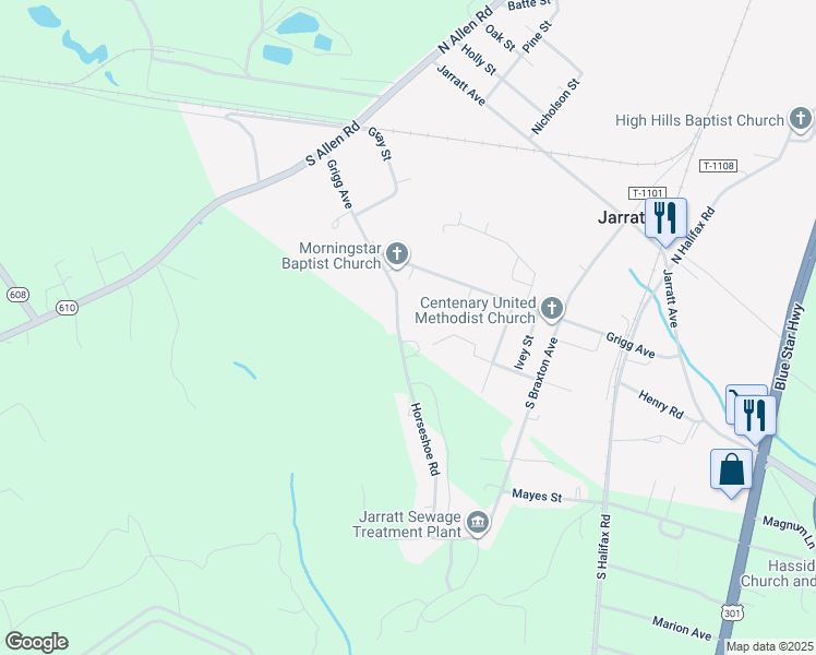 map of restaurants, bars, coffee shops, grocery stores, and more near 116 Horseshoe Road in Jarratt
