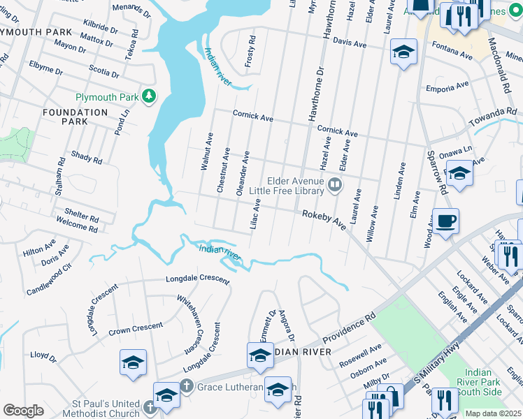 map of restaurants, bars, coffee shops, grocery stores, and more near 3701 Rokeby Avenue in Chesapeake