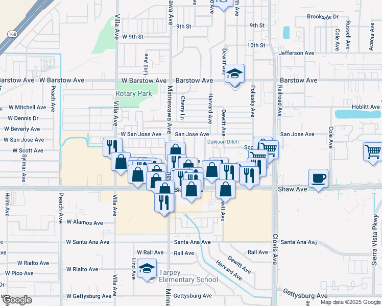 map of restaurants, bars, coffee shops, grocery stores, and more near 1641 Cherry Lane in Clovis