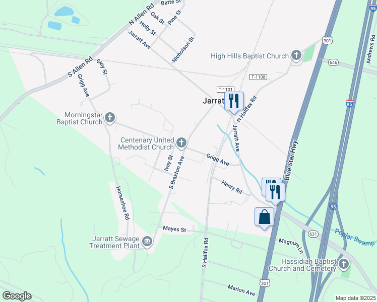 map of restaurants, bars, coffee shops, grocery stores, and more near 113 Grigg Avenue in Jarratt