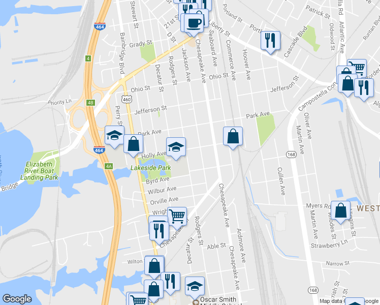 map of restaurants, bars, coffee shops, grocery stores, and more near 1204 Holly Avenue in Chesapeake