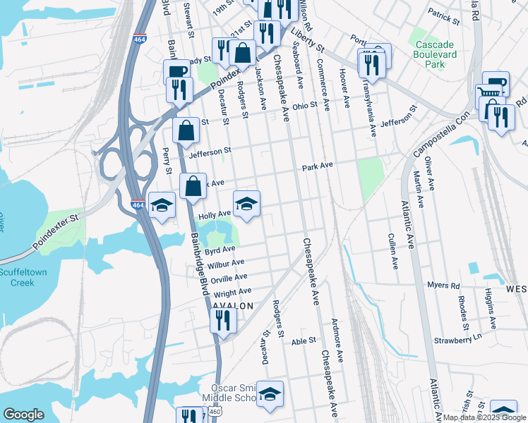 map of restaurants, bars, coffee shops, grocery stores, and more near 1200 Holly Avenue in Chesapeake