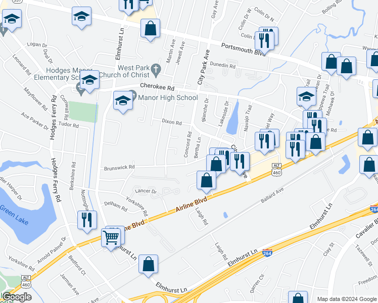 map of restaurants, bars, coffee shops, grocery stores, and more near 407 Concord Road in Portsmouth
