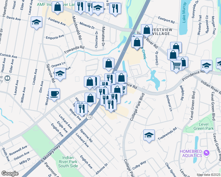 map of restaurants, bars, coffee shops, grocery stores, and more near in Virginia Beach