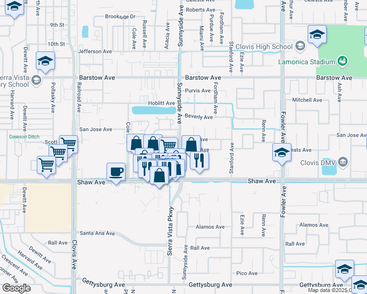 map of restaurants, bars, coffee shops, grocery stores, and more near 1416 Scott Avenue in Clovis