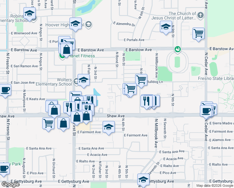 map of restaurants, bars, coffee shops, grocery stores, and more near 1250 East Shaw Avenue in Fresno