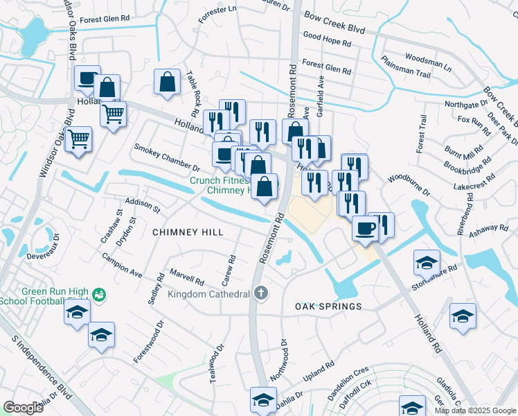 map of restaurants, bars, coffee shops, grocery stores, and more near 799 Chimney Hill Parkway in Virginia Beach
