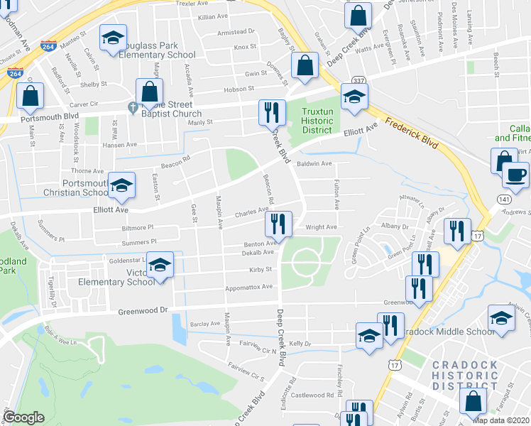 map of restaurants, bars, coffee shops, grocery stores, and more near 205 Charles Avenue in Portsmouth