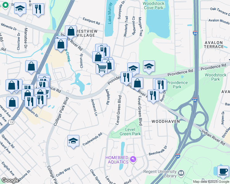 map of restaurants, bars, coffee shops, grocery stores, and more near 6109 Prairie Court in Virginia Beach