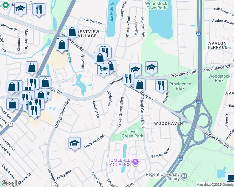 map of restaurants, bars, coffee shops, grocery stores, and more near 6109 Prairie Court in Virginia Beach