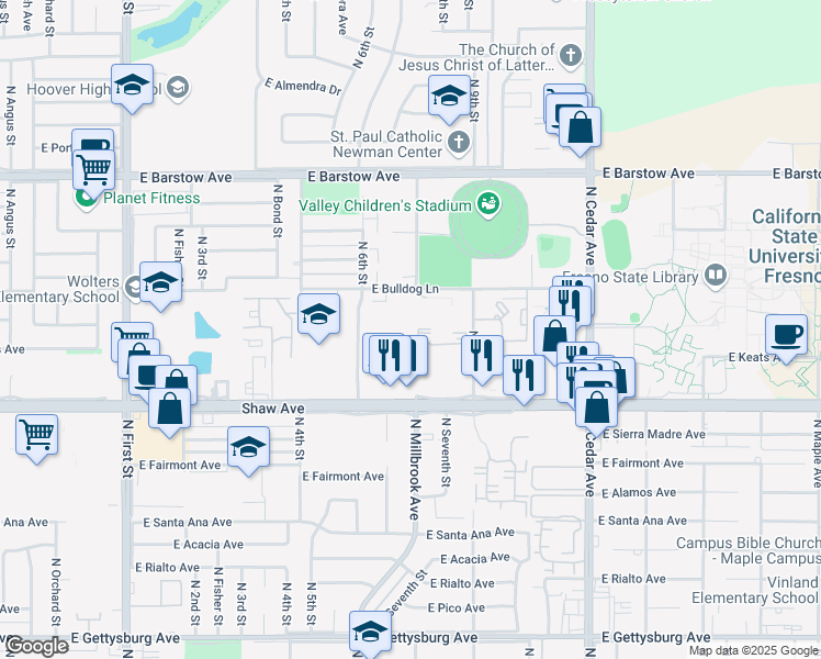 map of restaurants, bars, coffee shops, grocery stores, and more near 5100 North 6th Street in Fresno