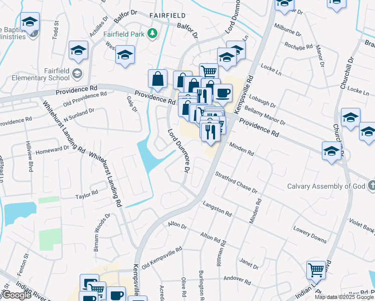 map of restaurants, bars, coffee shops, grocery stores, and more near 972 Lord Dunmore Drive in Virginia Beach