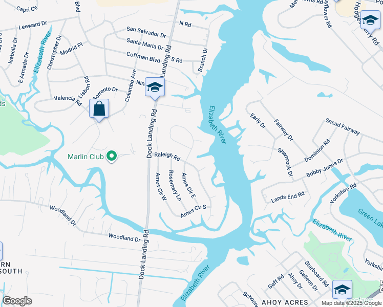 map of restaurants, bars, coffee shops, grocery stores, and more near 2011 Ames Circle North in Chesapeake