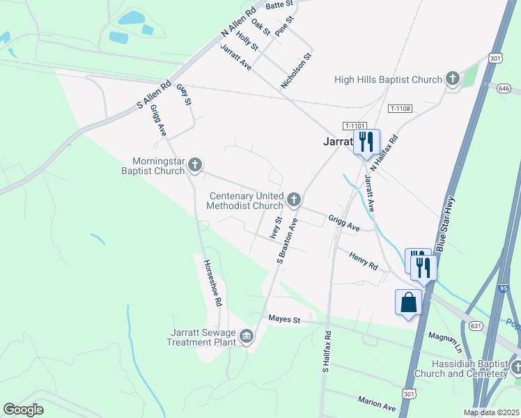 map of restaurants, bars, coffee shops, grocery stores, and more near 308 Susan Street in Jarratt