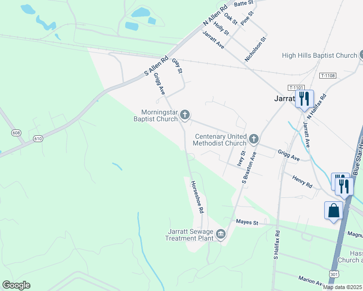 map of restaurants, bars, coffee shops, grocery stores, and more near 115 Horseshoe Road in Jarratt